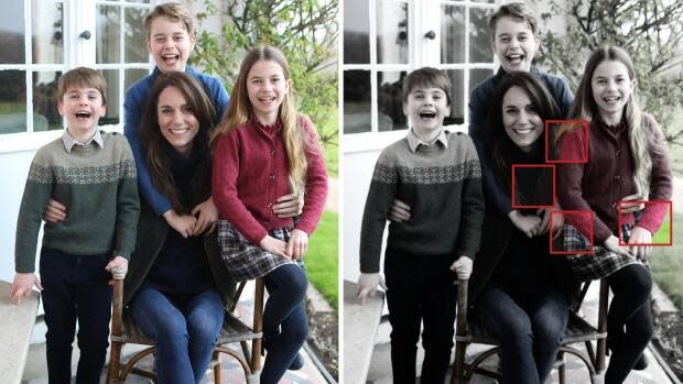 Princess Catherine says she manipulated this photo that was taken of her with her three children. Inconsistencies pointed out by experts that are highlighted include daughter Charlotte's hair falling unnaturally on her left shoulder, the top of her skirt jutting out past her sweater and a missing part of her left sleeve, as well as Catherine's jacket zipper appearing to split.