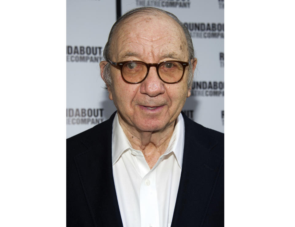 FILE - In a June 14, 2012 file photo, Neil Simon attends the opening night performance of the Broadway play "Harvey" in New York. Neil Simon, the playwright behind such comedic hits such as "The Odd Couple" and "Plaza Suite," died early Sunday, Aug. 26, 2018 of complications from pneumonia in a Manhattan hospital, according to Bill Evans, Simon's longtime friend and the Shubert Organization director of media relations. He was 91. (Photo by Charles Sykes/Invision/AP, File)