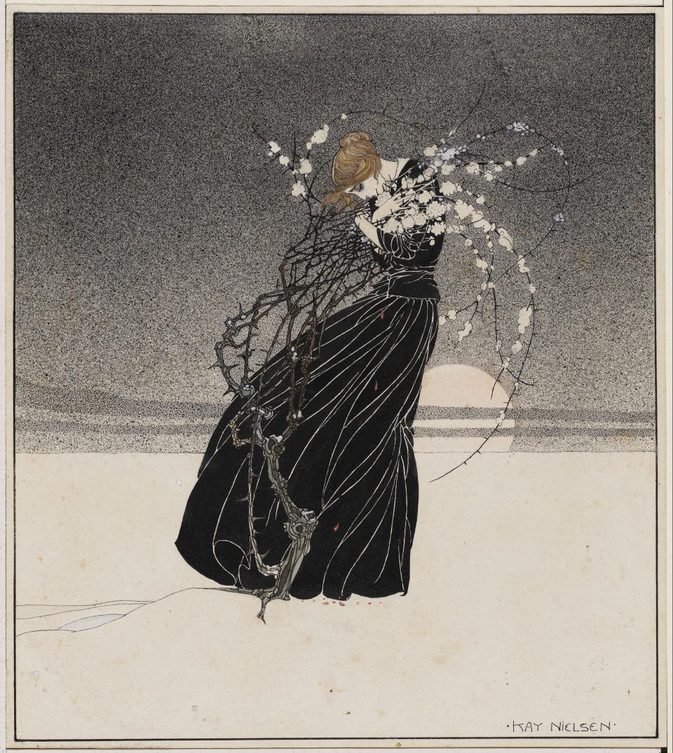 Young woman embracing a thorn bush. Kay Nielsen, about 1910. Pen and brush and ink, transparent and opaque watercolor, over graphite.
Promised gift of Kendra and Allan Daniel.