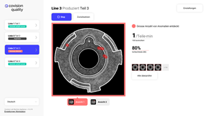 Covision Quality’s interface from the perspective of the end-of-line quality control operator. In this case, the red border on the image of the manufactured part indicates that the part is “not OK”, thus can not be sent to the end customer and needs to be discarded.