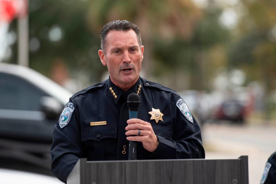 Bay St. Louis Police Chief Toby Schwartz speaks during a ceremony dedicating commemorative stars in honor of Sergeant Steven Robin and Officer Branden Estorffe outside the new Bay St. Louis Police Department in Bay St. Louis on Thursday, Dec. 14, 2023.