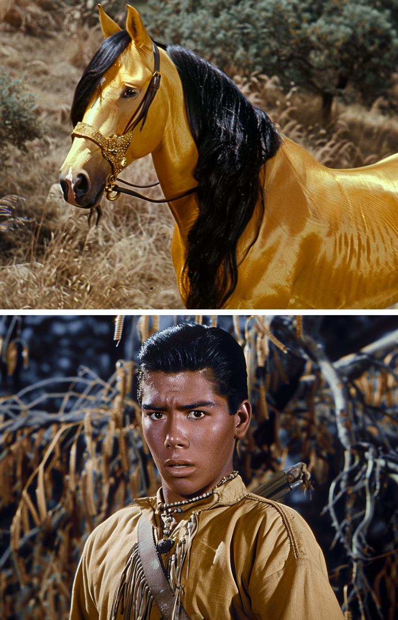 A horse with a decorative bridle and a man in a fringed garment outdoors