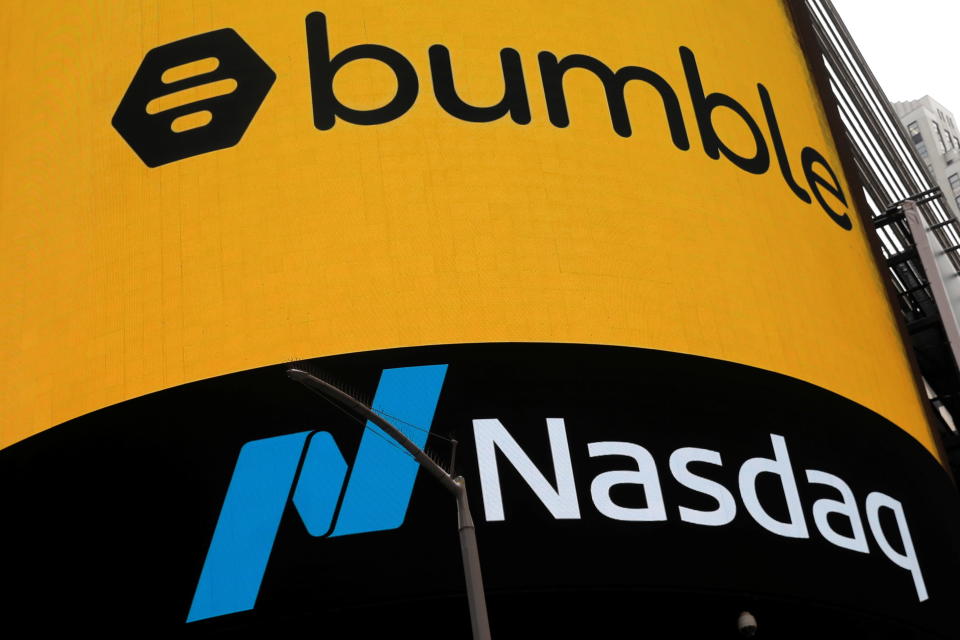 The display outside the Nasdaq MarketSite is pictured as the dating app operator Bumble Inc. (BMBL) made its debut on the Nasdaq stock exchange during the company's IPO in New York City, New York, U.S., February 11, 2021. REUTERS/Mike Segar