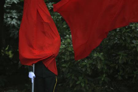 A flag covers the face of an honour guard, during a welcoming ceremony for the visiting Russian President Vladimir Putin during a bilateral meeting with Chinese President Xi Jinping at Xijiao State Guesthouse ahead of the fourth Conference on Interaction and Confidence Building Measures in Asia (CICA) summit, in Shanghai May 20, 2014. REUTERS/Carlos Barria