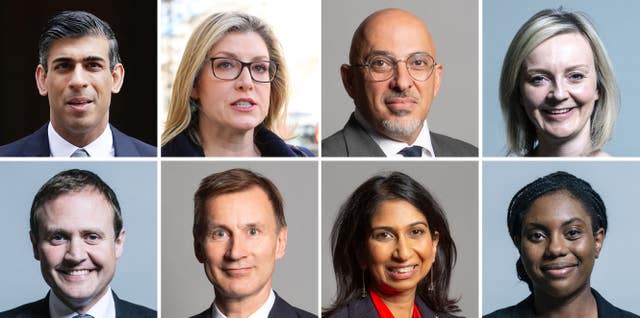 The eight candidates in the Conservative Party leadership race, (top row left to right), Rishi Sunak, Penny Mordaunt, Nadhim Zahawi, and Liz Truss, (bottom row left to right) Tom Tugendhat, Jeremy Hunt, Suella Braverman and Kemi Badenoch