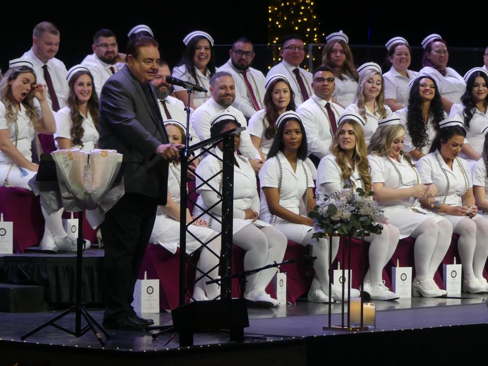 Victor Valley College Superintendent/President Dr. Daniel Walden speaks during the VVC School of Nursing Pinning and Candlelight Ceremony, which included 36 graduates at the event 
on Thursday, Dec. 14, 2023 in Victorville.