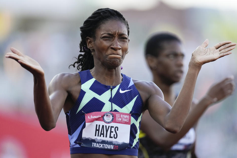 Quanera Hayes celebrates after winning the women's 400-meter run at the U.S. Olympic Track and Field Trials Sunday, June 20, 2021, in Eugene, Ore. (AP Photo/Ashley Landis)