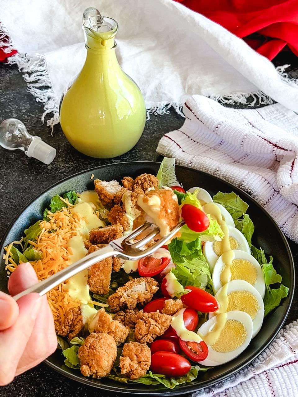 Honey mustard is he preferred dressing for Southern Fried Chicken Salad.