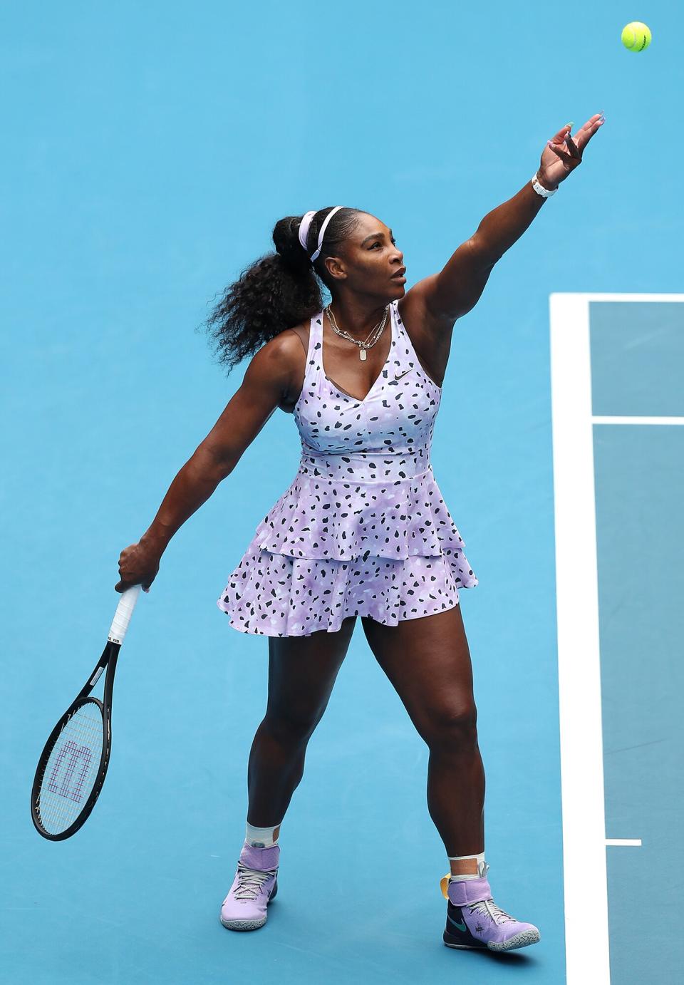 Serena Williams of the United States serves during her Women's Singles third round match against Qiang Wang of China on day five of the 2020 Australian Open at Melbourne Park on January 24, 2020 in Melbourne, Australia