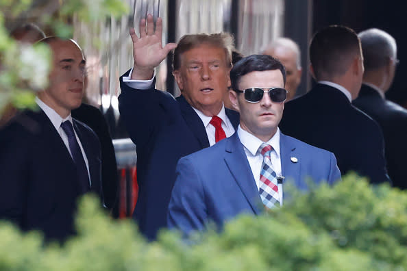 NEW YORK, NEW YORK – APRIL 15: Former President Donald Trump departs Trump Tower en-route to Manhattan Criminal Court on April 15, 2024 in New York City. Jury selections are set to begin in the former president’s criminal trial. Trump faces 34 felony counts of falsifying business records in the first of his criminal cases to go to trial. This is the first-ever criminal trial against a former president of the United States. (Photo by Michael M. Santiago/Getty Images)