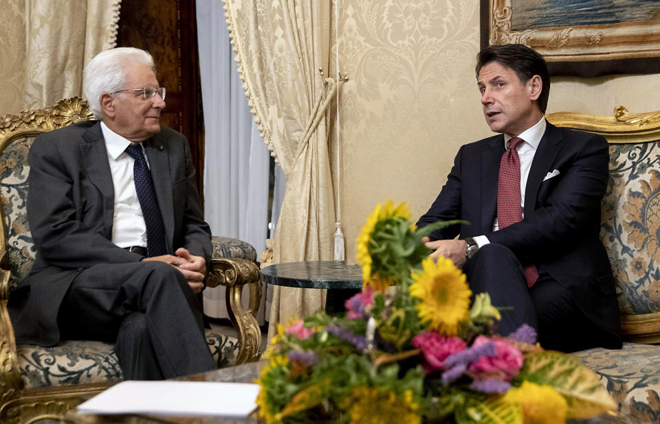 Italian Prime Minister, Giuseppe Conte, right, meets President Sergio Mattarella at the Quirinale presidential palace in Rome, Tuesday, Aug. 20, 2019. Italian Premier Giuseppe Conte has told senators he’s handing in his resignation because his right-wing coalition partner has yanked its support for the populist government. Conte blamed his rebellious deputy prime minister Matteo Salvini who triggered a political crisis in a gambit to force early elections that could bring the right-wing, anti-migrant leader to power. (Paolo Giandotti/Italian Presidency via AP)