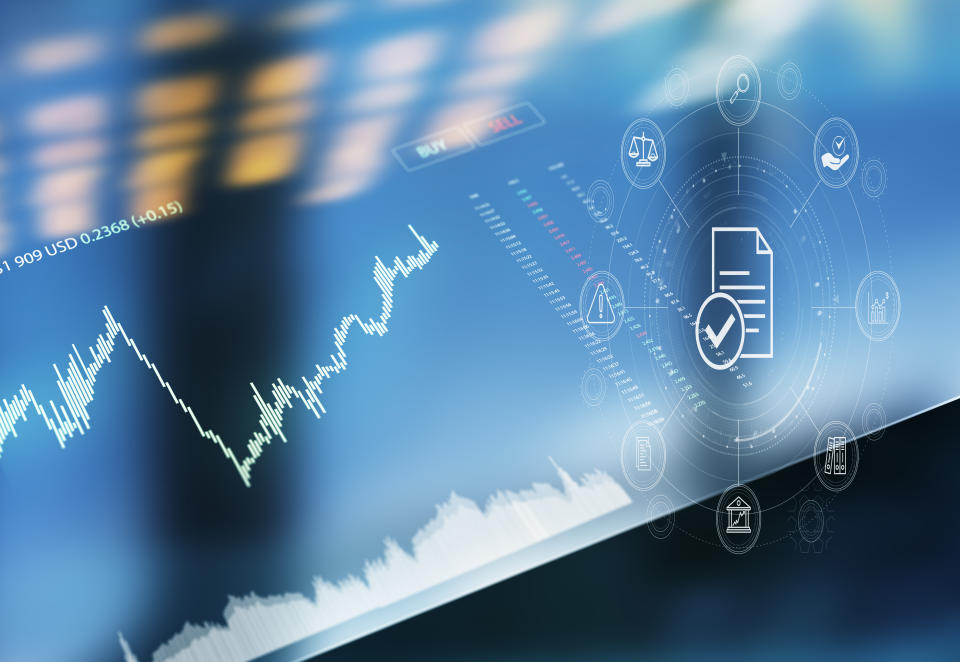 Screen with growth charts and financial symbols, inflation