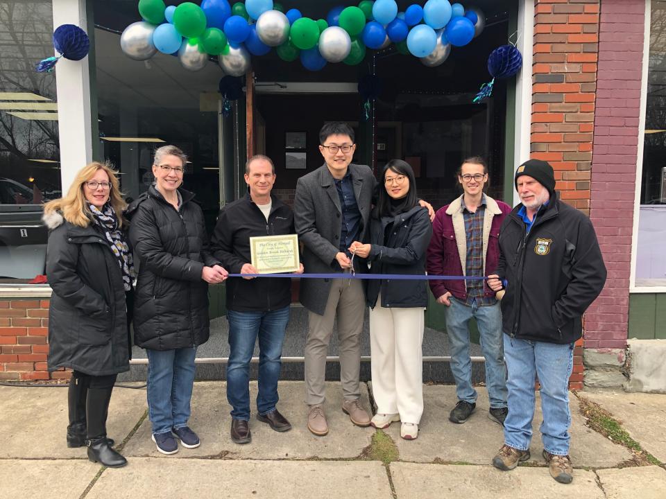 Hornell mayor John Buckley and city officials formally welcome Golden Break Billiards at 283 Canisteo St., founded by Yuxuan Sun and Zhishan Liu.