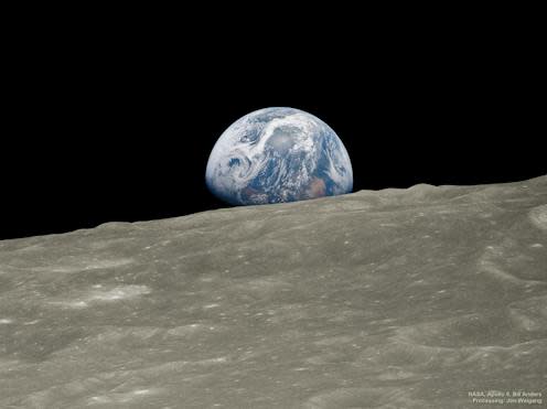 <span class="caption">The restored image of Earthrise. A high quality black and white image was coloured using hues from the original colour photos.</span> <span class="attribution"><a class="link " href="https://apod.nasa.gov/apod/ap181224.html" rel="nofollow noopener" target="_blank" data-ylk="slk:Image Credit: NASA, Apollo 8 Crew, Bill Anders; Processing and License: Jim Weigang;elm:context_link;itc:0;sec:content-canvas">Image Credit: NASA, Apollo 8 Crew, Bill Anders; Processing and License: Jim Weigang</a>, <a class="link " href="http://creativecommons.org/licenses/by-sa/4.0/" rel="nofollow noopener" target="_blank" data-ylk="slk:CC BY-SA;elm:context_link;itc:0;sec:content-canvas">CC BY-SA</a></span>