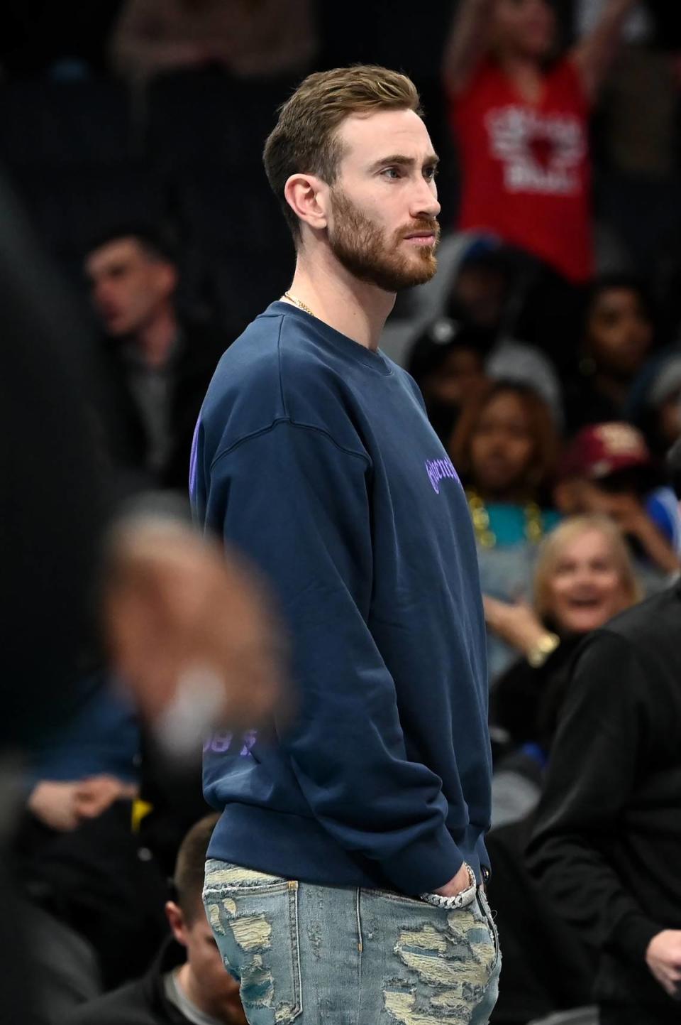 Injured Charlotte Hornets forward Gordon Hayward stands along the baseline with his teammates during first half action against the Chicago Bulls on Monday, January 8, 2024 at Spectrum Center in Charlotte, NC. Hayward missed 41.3 percent of the games in his four years with the Hornets.