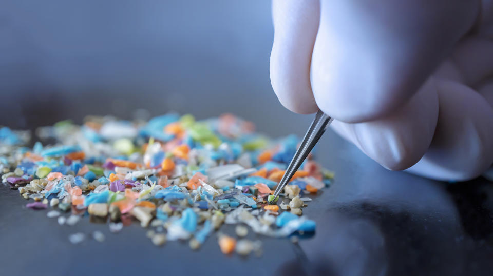 Macro shot of a person wearing medical gloves and tweezers inspecting a pile of microplastics.  Concept of water pollution and global warming.  Macro image of microplastics.  Cool blue filter applied.
