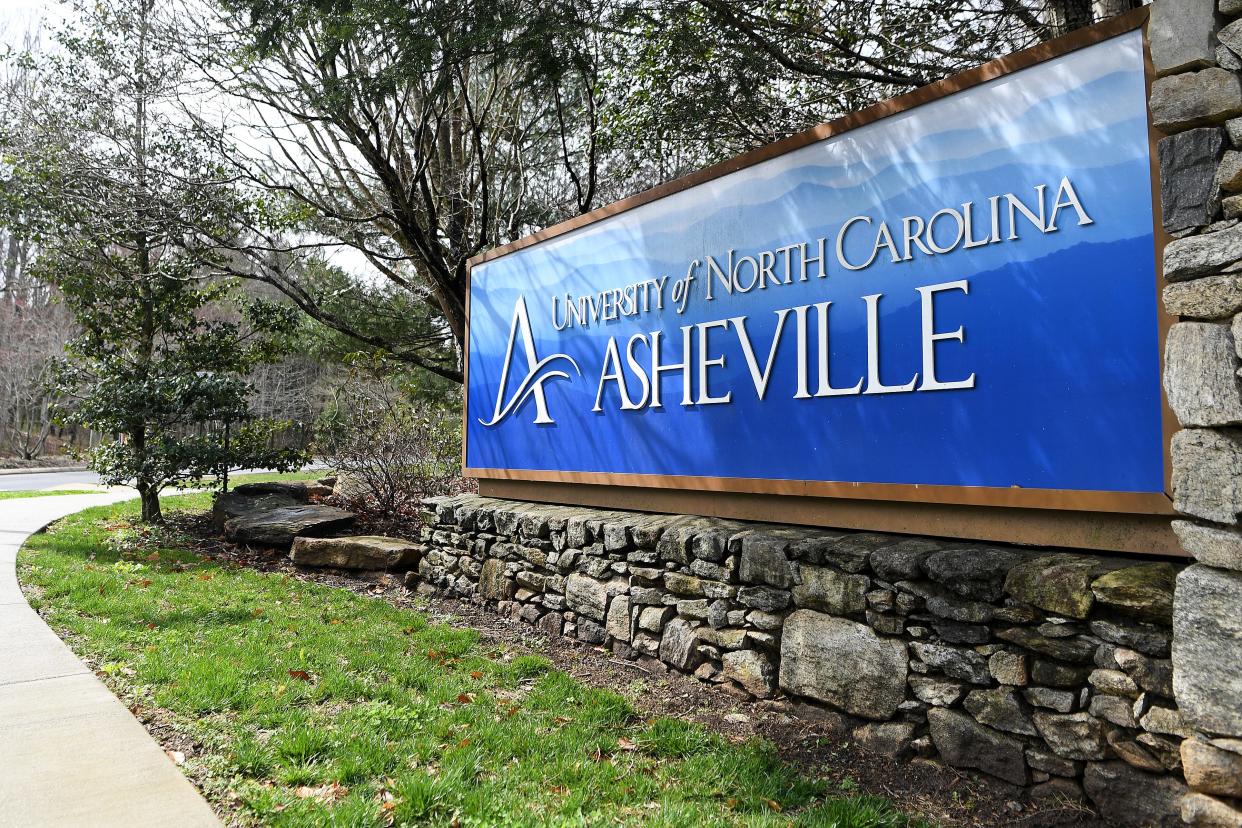 The UNC Asheville sign at the roundabout that leads onto the campus. 