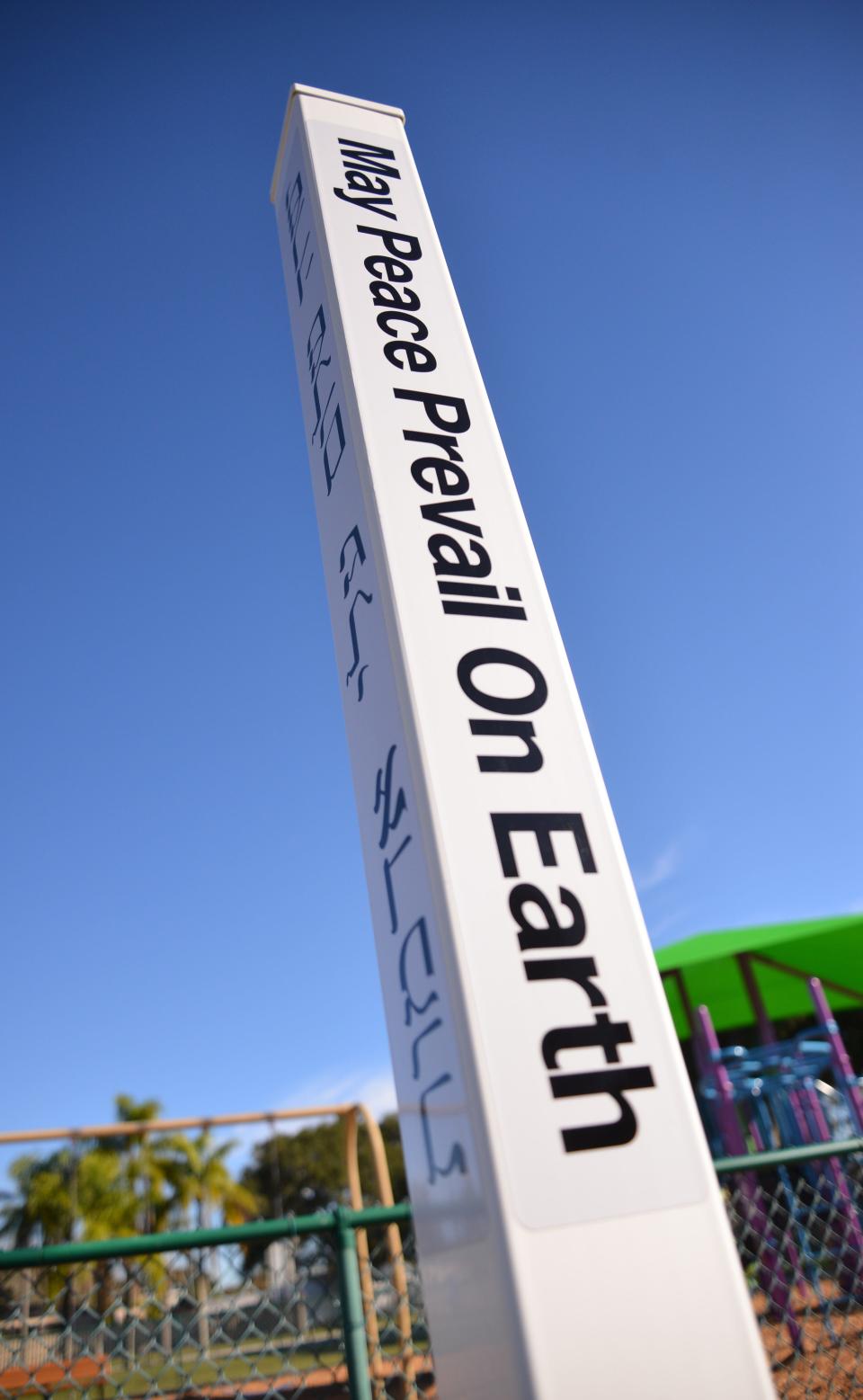 A dedication was held Feb. 1 at Larry L. Schultz Park in Rockledge, Florida, dedicating a Peace Pole installed by Rockledge Rotary International. The pole is inscribed in different languages with the same message.