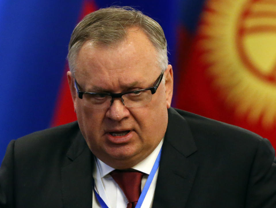 BISHKEK, KYRGYZSTAN - MARCH, 28 (RUSSIA OUT) Russian businessman, VTB Group CEO Andrey Kostin attends Russian-Kyrgyz economic conference in Bishkek, Kyrgyzstan, March,28,2019. Putin is having a one-day state visit to Kyrgyz Republic. (Photo by Mikhail Svetlov/Getty Images)