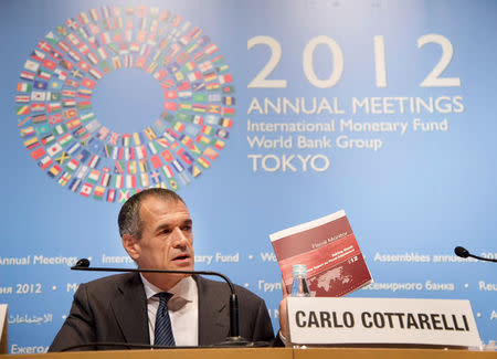 FILE PHOTO: Director of the International Monetary Fund's Fiscal Affairs Department Carlo Cottarelli holds a news briefing on the Fiscal Monitor at the Tokyo International Forum in Tokyo October 9, 2012. REUTERS/International Monetary Fund/Yo Nagaya/Handout/File Photo ATTENTION EDITORS - THIS IMAGE HAS BEEN SUPPLIED BY A THIRD PARTY.