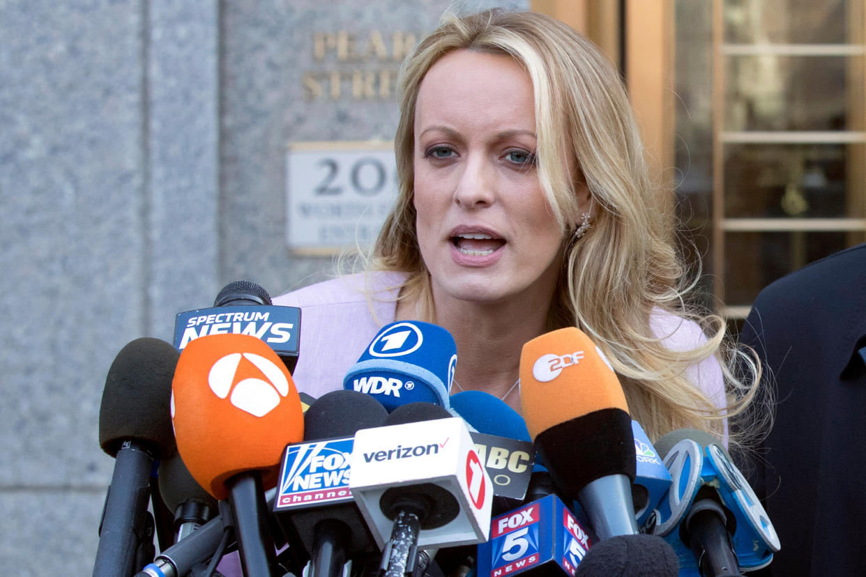 FILE - Adult film actress Stormy Daniels speaks outside federal court on April 16, 2018, in New York. No one gets under Republican presidential nominee former President Donald Trump's skin quite like women who face him in court. Daniels incensed Trump during legal proceedings stemming from a $130,000 payment she received from Trump attorney Michael Cohen to silence her about an alleged affair with Trump in 2006. (AP Photo/Mary Altaffer, File)