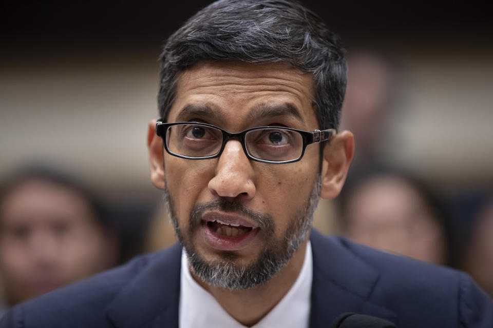 Google CEO Sundar Pichai appears before the House Judiciary Committee to be questioned about the internet giant's privacy security and data collection, on Capitol Hill in Washington, Tuesday, Dec. 11, 2018. Pichai angered members of a Senate panel in September by declining their invitation to testify about foreign governments' manipulation of online services to sway U.S. political elections. (AP Photo/J. Scott Applewhite)