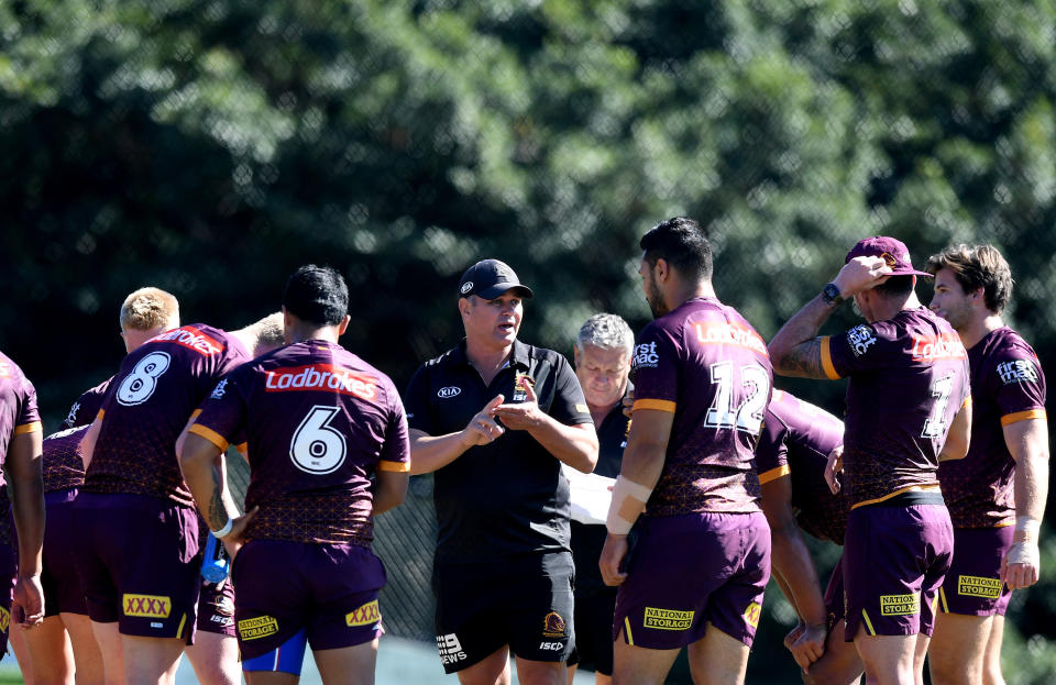 Former coach Anthony Seibold gives instructions to his players during a Brisbane Broncos NRL training session at the Clive Berghofer Centre on July 29, 2020 in Brisbane, Australia. 