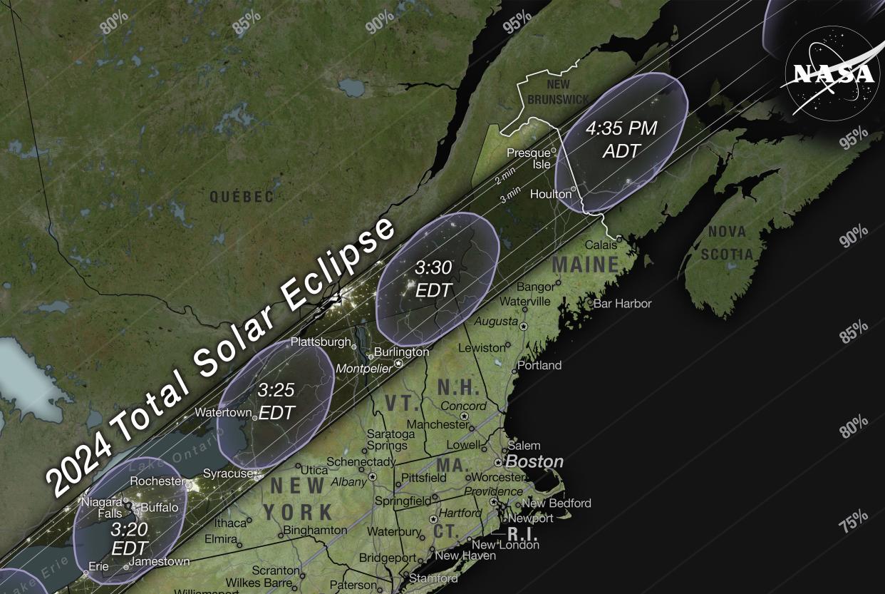 A portion of a NASA solar eclipse map showing how close the path of totality will be to Cape Cod on April 8, 2024. According to NASA, "the total solar eclipse will be visible along a narrow track stretching from Texas to Maine."