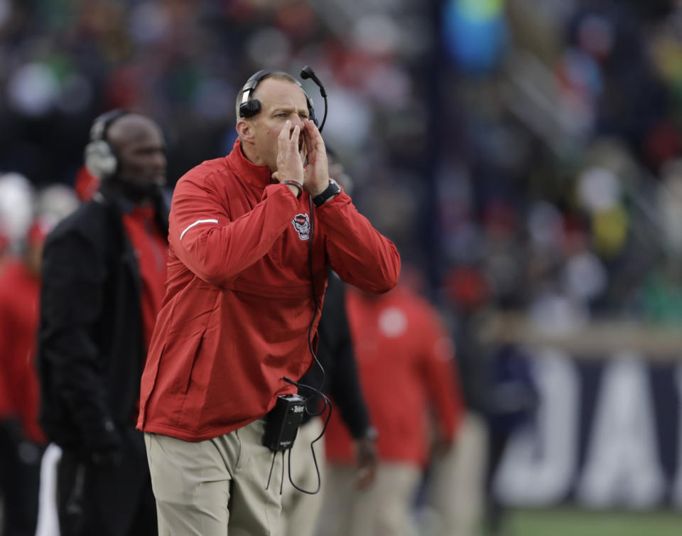 North Carolina State head coach Dave Doeren in action during the first half of an NCAA college football game against Notre Dame, Saturday, Oct. 28, 2017, in South Bend, Ind. (AP Photo/Darron Cummings)