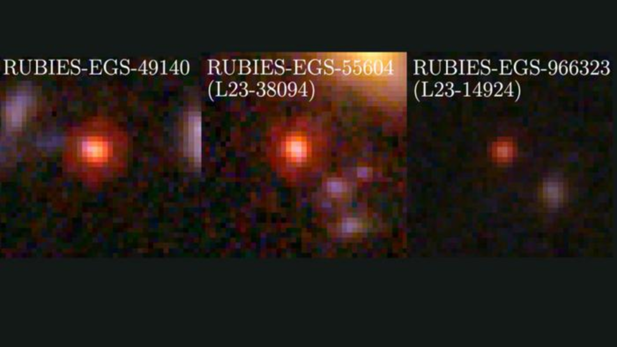  Three digitized glowing red dots against dark backgrounds . 