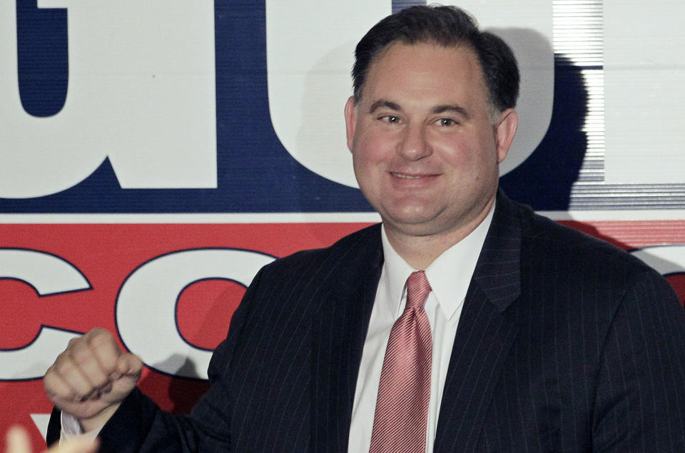 FILE - In this Nov. 2, 2010, file photo, Republican Frank Guinta celebrates his victory in the race for New Hampshire's 1st congressional district Tuesday night in Manchester, N.H. After losing the seat in 2012, Guinta posted a video on his campaign website Monday, Sept. 23, 2013, in which he formally declared his intention to run again in 2014. A group of former members of Congress is hoping 2014 will be the year of the comeback. Congress may have public approval ratings hovering near record lows, but several Republicans who once served in the House are trying to recapture their old seats.(AP Photo/Mary Schwalm, File)