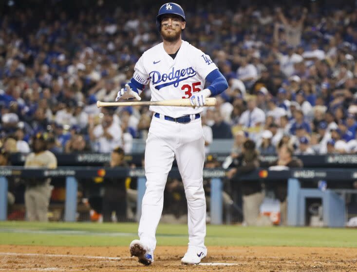 The Dodgers' Cody Bellinger after striking out to end the fourth inning in Game 2 of the NLDS against the Padres.