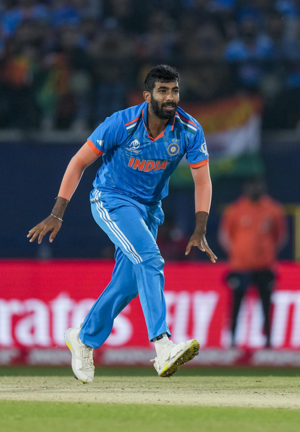 India's Jasprit Bumrah bowls during the ICC Men's Cricket World Cup match between India and New Zealand in Dharamshala, India, Sunday, Oct. 22, 2023. (AP Photo/Ashwini Bhatia)