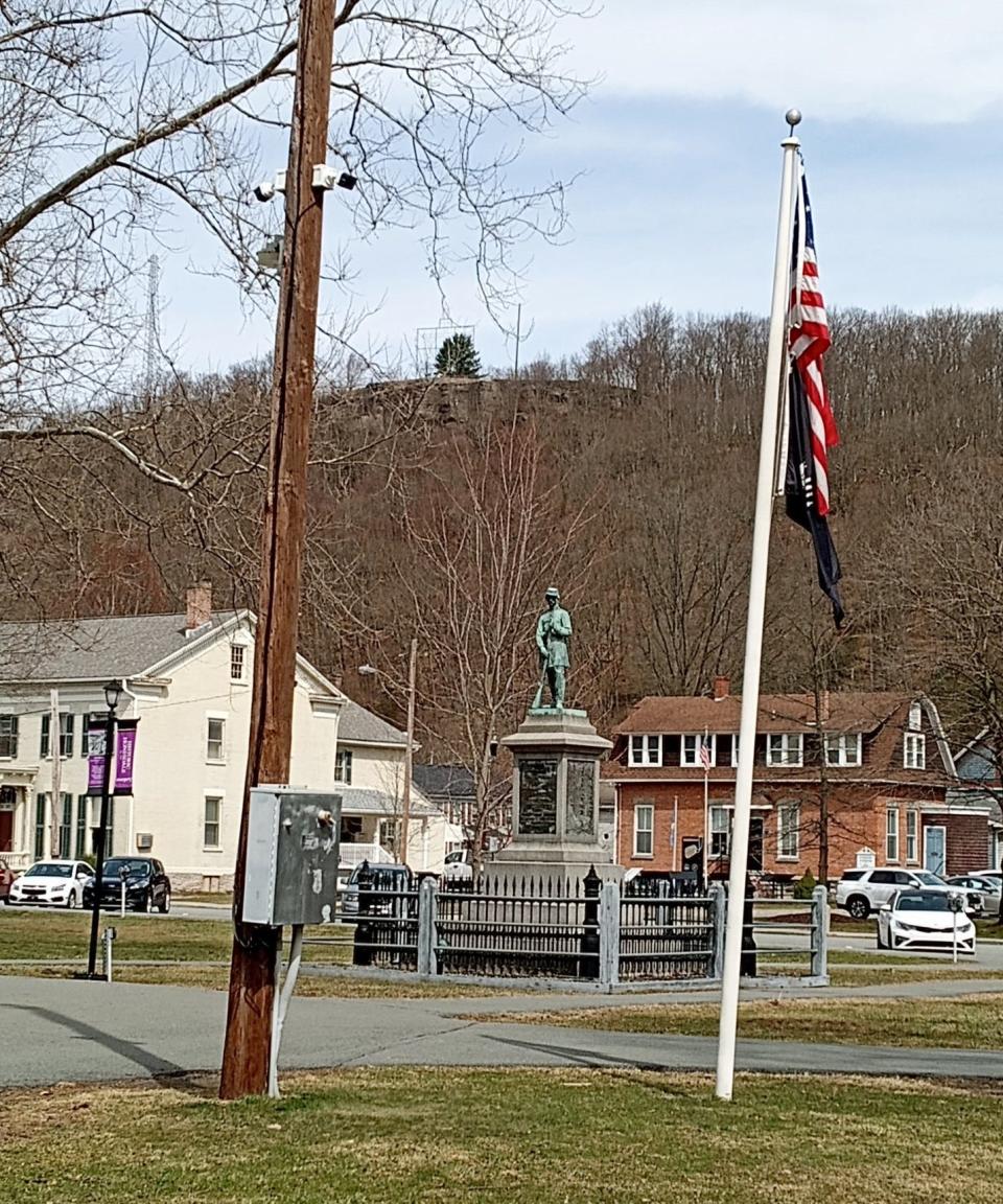 Security cameras were installed in Honesdale's Central Park, high on the pole at left, in March 2024. The newly created position of borough manager has the sole responsibility to review the footage, made available to law enforcement only by means of a court subpoena.