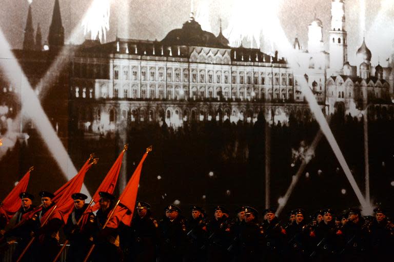 Russian soldiers attend the Victory Day military parade night training on May 4, 2015 on Red Square in Moscow