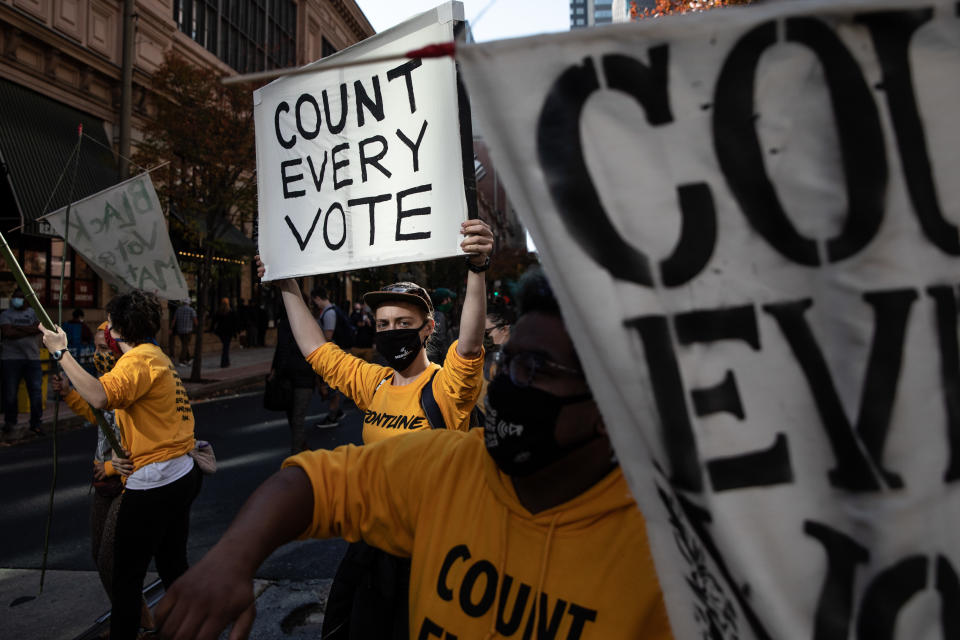 A protest in support of counting all votes, Nov. 5, 2020, in Philadelphia