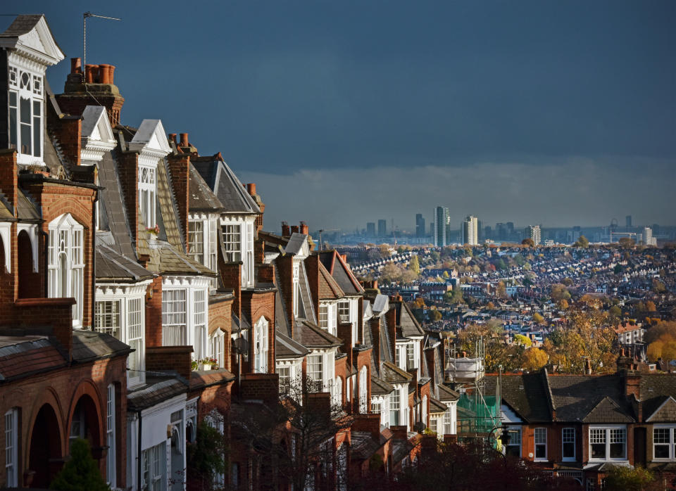 Typical period and more modern London houses with distant suburban terraces and apartment blocks -  Muswell hill looking towards Crouch End