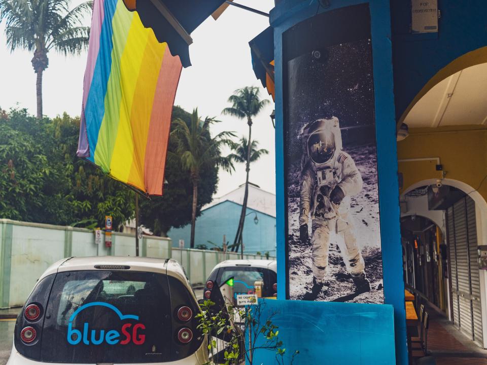 Rainbow flag at Galaxy Pods at Chinatown.