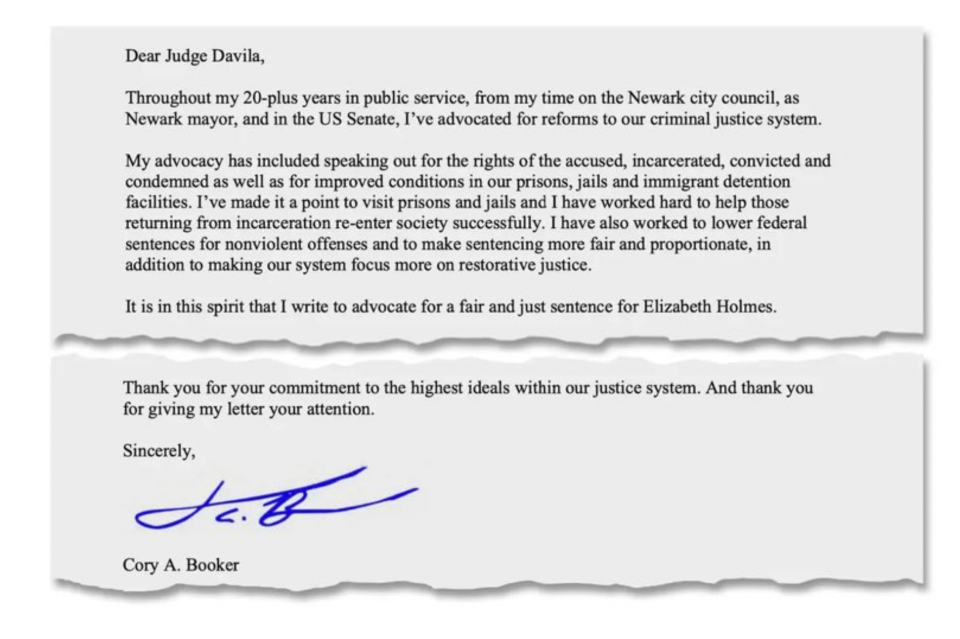 Cory Booker wrote a letter calling for leniency in the sentencing of Elizabeth Holmes (Holmes sentencing memorandum)