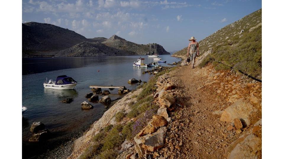 A rocky path near Saint Nikolas Beach in the Pedi district in Symi, Greece, where a search and rescue operation is under way for TV doctor and columnist Michael Mosley 