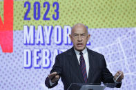 Houston mayoral candidate state Sen. John Whitmire answers a question during a televised candidates debate held at the Houston Public Media studios Thursday, Oct. 19, 2023, in Houston. (AP Photo/Michael Wyke)