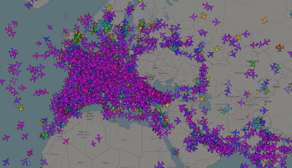 Civilian flights over Ukraine, as well as Moldova to the south and parts of Russia, are currently restricted. Photo: ADS-B Exchange