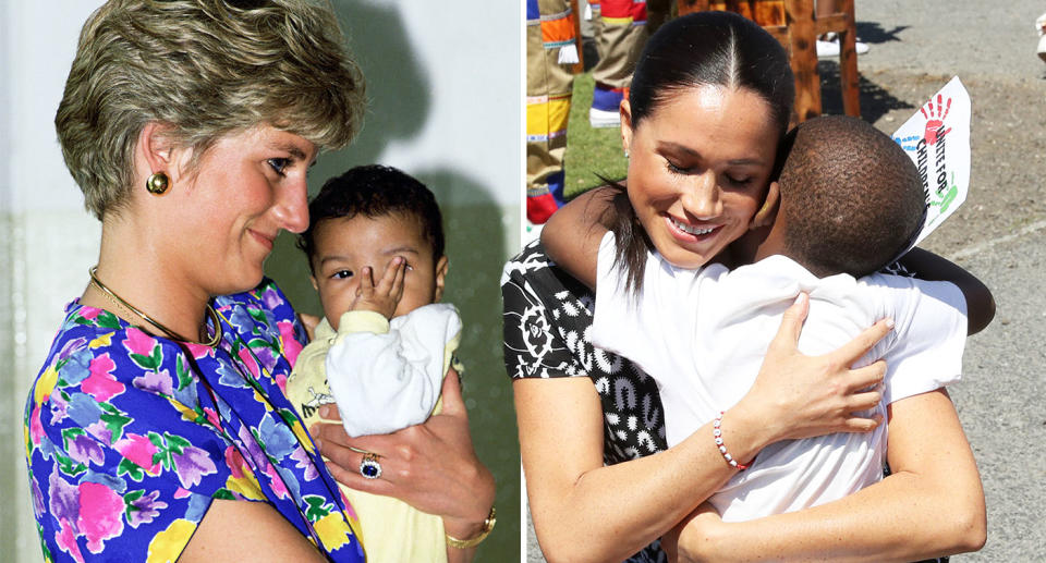 Prinzessin Diana, links, wie sie 1991 ein Kind umarmt, und Meghan Markle, wie sie Anfang dieser Woche ein Kind in Kapstadt umarmt. [Foto: Getty]