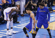 <p>Golden State Warriors guard Stephen Curry (30) and forward Anderson Varejao (18) celebrate as Oklahoma City Thunder forward Serge Ibaka (9) reacts during the second half in Game 6 of the NBA basketball Western Conference finals in Oklahoma City, Saturday, May 28, 2016. The Warriors won 108-101. (AP Photo/Sue Ogrocki) </p>