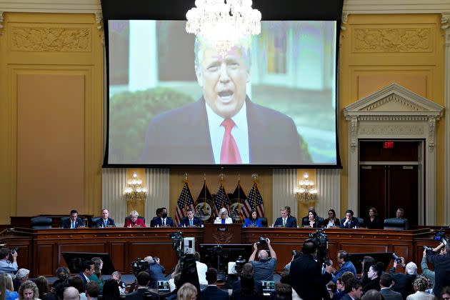 A video of former President Donald Trump is displayed on a screen during a hearing Thursday of the House select committee investigating the Jan. 6, 2021, attack on the U.S. Capitol. (Photo: Al Drago-Pool/Getty Images)