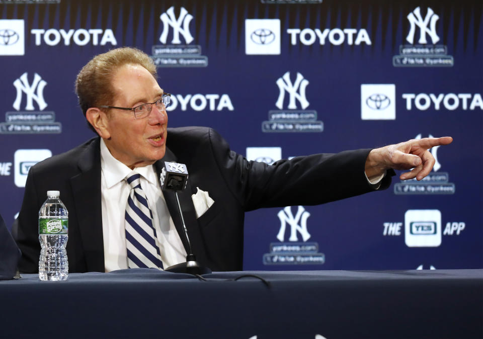 New York Yankees broadcaster John Sterling answers questions from reporters during a baseball press conference before a retirement ceremony at Yankee Stadium in New York, Saturday, April 20, 2024. (AP Photo/Noah K. Murray)