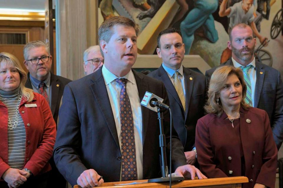 Missouri House Speaker Dean Plocher, a St. Louis area Republican, speaks with reporters at a news conference in March 2023.