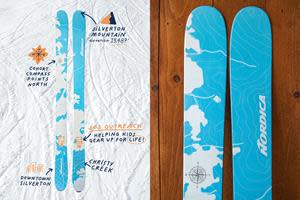 Months in the making, this limited edition ski was designed by four young women who worked hard to include many hidden but meaningful elements in the design. Hidden in the details you will find their names, the topography lines of Silverton Mountain, a street grid of downtown Silverton, CO, Christy Creek and the SOS Outreach logo.