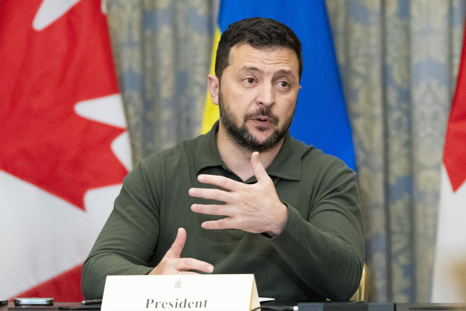 Ukrainian President Volodymyr Zelenskyy speaks ahead of a meeting with business leaders in Toronto, on Friday, Sept. 22, 2023. (Spencer Colby/The Canadian Press via AP)