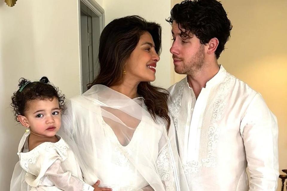 Malti Marie Chopra Jonas (left), Priyanka Chopra and Nick Jonas